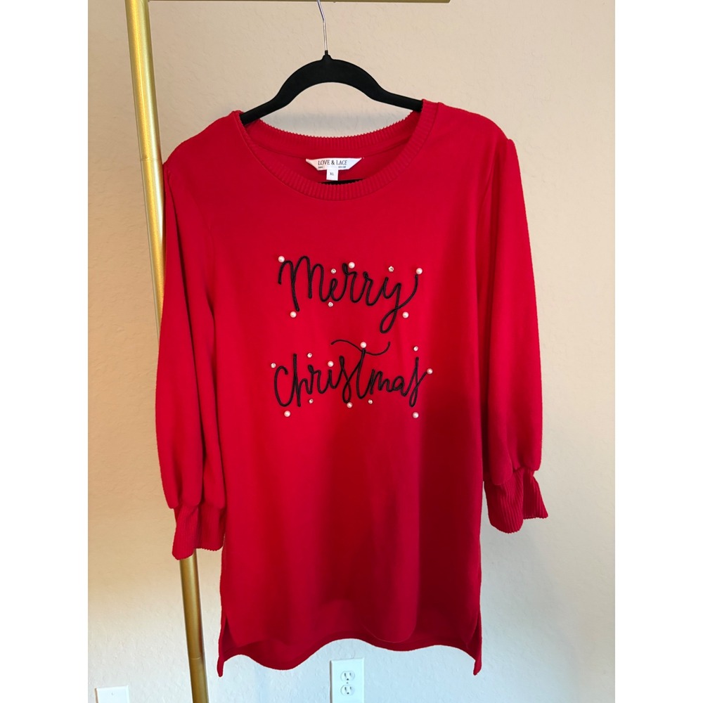 Love & Lace Merry Christmas Red Top Pearl Embellished XL Novelty Holiday Festive